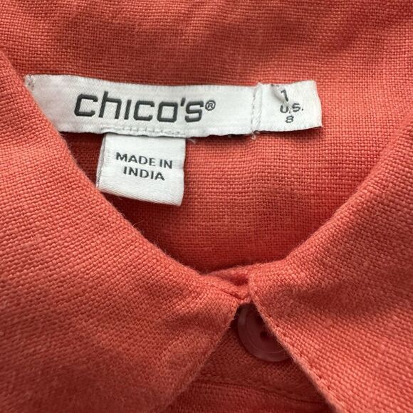 Chicos Linen Orange Fluted Sleeve Shift Dress Sz 8 Pockets Collared Minimalist - Picture 10 of 11